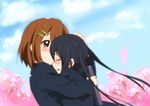  black_hair blazer brown_eyes brown_hair cherry_blossoms closed_eyes comforting crying day diploma errant graduation hair_ornament hairclip hand_on_another's_head hirasawa_yui hug jacket k-on! long_hair multiple_girls nakano_azusa petals school_uniform short_hair tears twintails 