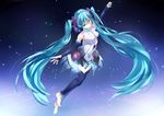  aqua_eyes aqua_hair bad_id bad_pixiv_id barefoot belt bridal_gauntlets elbow_gloves fingerless_gloves gloves hatsune_miku hatsune_miku_(append) highres long_hair navel necktie ripples smile solo thighhighs toeless_legwear twintails ume_(plumblossom) very_long_hair vocaloid vocaloid_append zettai_ryouiki 