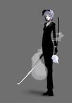  aqua_eyes bad_id bad_pixiv_id formal ghost gloves hairband kamata_yuuya katana konpaku_youmu konpaku_youmu_(ghost) pant_suit pants short_hair simple_background solo standing suit sword touhou weapon 