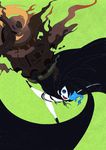  arm_cannon black_hair black_rock_shooter black_rock_shooter_(character) blue_eyes boots burning_eye coat fire long_hair mechanical_parts obake open_mouth smile solo twintails very_long_hair weapon 