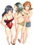  arm_hug ass bare_shoulders barefoot bikini black_hair breasts brown_eyes butt_crack casual_one-piece_swimsuit cleavage green_hair halter_top halterneck hands_on_hips large_breasts legs long_hair medium_breasts minato_(leap-up) multiple_girls one-piece_swimsuit original red_eyes sandals short_hair shorts simple_background strapless swimsuit tubetop 