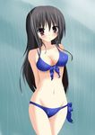  arms_behind_back bad_id bad_pixiv_id bikini black_hair blue_bikini blush brown_eyes chocolatine cowboy_shot front-tie_bikini front-tie_top long_hair original rain solo standing swimsuit tareme very_long_hair water wet 