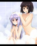  :&lt; :d akatoro_(nightlord) bathing bathroom black_eyes black_hair blush breasts covering covering_breasts flat_chest frown knees_touching lavender_hair letterboxed long_hair medium_breasts multiple_girls navel nude open_mouth original red_eyes short_hair sitting smile soap steam sweatdrop washing_hair 