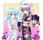  ahoge blue_eyes blue_hair character_request duel_masters flower fua_yuu hair_flower hair_ornament japanese_clothes kimono multiple_girls one_eye_closed ooe_kaede purple_hair tasogare_mimi v yellow_eyes yukata 