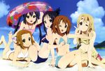  absurdres akitake_seiichi akiyama_mio barefoot beach bikini breasts butt_crack cleavage day highres hirasawa_yui innertube k-on! kotobuki_tsumugi medium_breasts multiple_girls nakano_azusa nyantype official_art one_eye_closed small_breasts swimsuit tainaka_ritsu v 