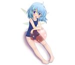  ahoge bad_id bad_pixiv_id ball barefoot beachball blue_eyes blue_hair blush cirno crossed_arms feet katsuo9 one-piece_swimsuit school_swimsuit sitting smile solo swimsuit touhou transparent wings 