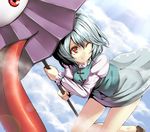  arm_garter bad_id bad_pixiv_id bare_legs blue_hair cloud cloudy_sky day error eyebrows_visible_through_hair floating geta holding holding_umbrella juliet_sleeves karakasa_obake long_sleeves looking_away looking_to_the_side one-eyed one_eye_closed oriental_umbrella puffy_sleeves purple_umbrella red_eyes shiny shiny_hair short_hair silver_hair sky smile solo sunlight takemori_shintarou tatara_kogasa tongue touhou umbrella vest wind wind_lift 