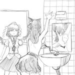  armpits bathroom camera d: greyscale hair_tubes hakurei_reimu hat md5_mismatch mirror monochrome multiple_girls niyaururu open_mouth pom_pom_(clothes) razor shameimaru_aya shaving sink sketch skirt tokin_hat topless touhou walk-in wings 