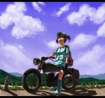  adapted_costume backpack bad_id bad_pixiv_id bag blue_eyes blue_hair cloud contemporary day gloves ground_vehicle hat highres jizou kawashiro_nitori kurione_(zassou) motor_vehicle motorcycle short_hair sky sleeves_rolled_up solo touhou twintails 