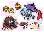  &gt;_&lt; :d cake chibi closed_eyes cookie food houjuu_nue karakasa_obake mixing_bowl muffin multiple_girls open_mouth oven_mitts purple_umbrella smile tatara_kogasa tongue touhou ufo umbrella whisk xd yanagi_(nurikoboshi) 