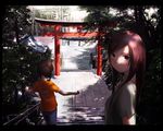  brown_eyes brown_hair hosimo letterboxed looking_back multiple_girls original power_lines real_world_location road rope scenery shade shimenawa stairs street telephone_pole torii traffic_light tree tree_shade 
