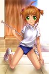  brown_hair buruma cardcaptor_sakura full_body green_eyes gym_uniform hair_bobbles hair_ornament highres kinomoto_sakura legs mutsuki_(moonknives) smile solo twirl_baton 