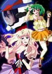  2girls \m/ bad_id bad_pixiv_id blonde_hair blue_eyes breasts brown_eyes cleavage earrings gen_(enji) green_hair hand_on_own_chest helmet jewelry long_hair macross macross_frontier medium_breasts microphone multiple_girls navel open_mouth orange_skirt pilot ranka_lee red_eyes saotome_alto sheryl_nome short_hair single_earring skirt smile thighhighs 