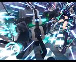  bad_id bad_pixiv_id bikini_top black_hair black_rock_shooter black_rock_shooter_(character) blue_eyes boots burning_eye chain fingerless_gloves foreshortening gloves gun highres letterboxed long_hair midriff navel shorts solo twintails very_long_hair weapon zucchini 