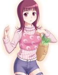  :o bag belt food itsuwa jinrai_(owl12) purple_eyes purple_hair short_hair solo spring_onion sweater to_aru_majutsu_no_index turnip vegetable 