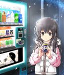  bangs black_eyes black_hair brown_eyes can coat commentary_request eyebrows_visible_through_hair fence long_hair long_sleeves looking_at_viewer original outdoors pole snow snowing solo toshiya upper_body vending_machine winter_clothes winter_coat 