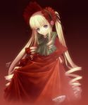  blonde_hair blue_eyes bonnet clothes_grab curtsey doll dress expressionless hat lolita_fashion long_hair red red_dress ribbon rozen_maiden shinku signature simple_background solo tanaka_takayuki twintails very_long_hair 