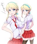  blonde_hair blue_eyes hand_on_hip heroman higata_akatsuki impossible_clothes impossible_shirt lina_davis miniskirt shirt skirt thighhighs zettai_ryouiki 