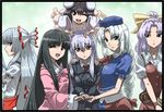  :&lt; :d animal_ears bangs belt black_hair blazer blue_eyes blunt_bangs border bow bracelet braid bunny_ears ear_grab everyone fujiwara_no_mokou hair_bow hand_on_shoulder hat hime_cut holding_hands houraisan_kaguya inaba_tewi jacket jewelry kamishirasawa_keine kezune_(i-_-i) lavender_hair long_hair looking_at_viewer looking_back multiple_girls nurse_cap one_eye_closed open_mouth ponytail red_eyes reisen_udongein_inaba silver_hair single_braid smile touhou v_arms very_long_hair watatsuki_no_yorihime yagokoro_eirin yellow_eyes 