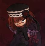  bad_id bad_pixiv_id blue_eyes bow crazy crazy_eyes crazy_smile dress elbow_gloves eva_beatrice flower frills gloves gyoniku21 hat orange_hair ribbon rose solo tongue umineko_no_naku_koro_ni uneven_eyes 