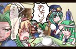  akabashi_yuusuke alice_margatroid bandages bucket color_connection comic doll green_hair hair_color_connection hat hourai_doll kagiyama_hina kisume kochiya_sanae mima multiple_girls rod_of_remorse shiki_eiki teapot touhou touhou_(pc-98) translated witch_hat wizard_hat wriggle_nightbug 