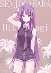  arm_up armpits artist_name bakemonogatari belt blue_eyes casual character_name flower hand_on_own_head himura_kiseki long_hair monogatari_(series) necktie purple_hair senjougahara_hitagi shirt short_shorts shorts sleeveless sleeveless_shirt smile solo very_long_hair watch wristwatch 