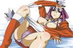  boots breasts feathers headdress hood hoodie knee_boots kuzuryuu_amane large_breasts long_sleeves lying megami_ibunroku_devil_survivor michael nipples on_back open_clothes open_shirt panties purple_eyes purple_hair purple_panties shirt short_hair solo underwear 