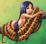  blue_hair green_eyes janome_gochou lamia long_hair lying monster_girl nude original scales solo 