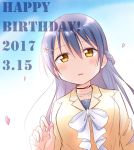  bangs birthday blue_hair blush braid choker commentary_request dated hair_ornament hairclip happy_birthday holding ikuma_satsuki long_hair looking_at_viewer love_live! love_live!_school_idol_festival love_live!_school_idol_project petals sonoda_umi upper_body yellow_eyes 