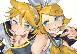  1boy 1girl black_sailor_collar black_sleeves blonde_hair blue_eyes blush bow detached_sleeves hair_between_eyes hair_bow hair_ornament hairclip hand_on_another&#039;s_cheek hand_on_another&#039;s_chin hand_on_another&#039;s_face headset kagamine_len kagamine_rin looking_at_another nadie_tadano neckerchief necktie parted_bangs sailor_collar shirt short_hair short_ponytail short_sleeves siblings sleeveless sleeveless_shirt smile teeth treble_clef twins v vocaloid white_background white_bow white_shirt yellow_nails yellow_neckerchief yellow_necktie 