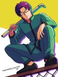 1boy black_footwear character_name dated exp_(limited) frown glasses green_pants green_shirt happy_birthday highres holding holding_weapon kuboyasu_aren lead_pipe looking_at_viewer male_focus on_fence pants purple_hair saiki_kusuo_no_psi_nan school_uniform shirt solo squatting weapon 