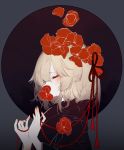  absurdres blonde_hair closed_eyes covered_mouth eyeshadow flower from_side hair_flower hair_ornament hair_ribbon highres japanese_clothes kimono makeup mouth_hold nail_polish profile red_flower red_ribbon ribbon rumia short_hair solo touhou upper_body zhixie_jiaobu 