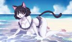 anthro beach big_breasts bikini black_hair blue_eyes blush breasts cattowsky clothing cyan_hijirikawa domestic_cat felid feline felis female fur hair hi_res huge_breasts kneeling mammal navel pawpads sand sanrio sea seaside short_hair show_by_rock!! sky solo swimwear water white_body white_fur