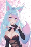  1girl animal_ear_fluff animal_ears artist_name blue_eyes blue_hair blue_tail blush breasts choker cleavage english_commentary flower flower_choker fluffy_hair gradient_hair gradient_nails hair_ornament highres indie_virtual_youtuber large_breasts long_hair looking_at_viewer multicolored_hair multicolored_tail navel pink_hair pink_tail ri_nyahn silvervale solo tail tongue tongue_out upper_body virtual_youtuber wolf_ears wolf_girl wolf_tail 