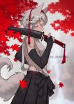  1girl absurdres animal_ears autumn_leaves black_gloves closed_mouth gloves hakama hat highres holding holding_sword holding_weapon inubashiri_momiji japanese_clothes red_eyes roman_komarov self-upload solo sword tail tokin_hat touhou weapon white_hair wolf_ears wolf_tail 