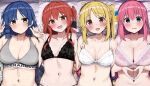  4girls :d ahoge bed_sheet black_bra black_skirt blonde_hair blue_eyes blue_hair blush bocchi_the_rock! bra brand_name_imitation breasts cellphone cleavage closed_mouth clothes_writing collarbone commentary_request cube_hair_ornament ear_piercing furrowed_brow gotoh_hitori green_eyes grey_bra guitar hair_between_eyes hair_ornament holding holding_phone ijichi_nijika instrument kita_ikuyo lace-trimmed_bra lace_trim large_breasts long_hair looking_at_viewer lying medium_breasts mole mole_under_eye multiple_girls navel on_back on_bed one_side_up open_mouth phone piercing pillow pink_hair red_eyes red_hair rouka_(akatyann) shirt short_hair side_ponytail skirt smartphone smile sweat under_armour underwear unworn_shirt unworn_skirt upper_body v wavy_mouth white_bra white_shirt yamada_ryo yellow_eyes 
