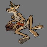  2018 3_toes animal_genitalia animal_penis anthro bulge canine canine_penis clothed clothing coyote grey_background hat knot mammal orf penis penis_outline reclining shirt simple_background solo tank_top toes torn_clothing torn_underwear underwear yellow_sclera 