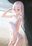  1girl bare_shoulders breasts highres long_hair looking_at_viewer mignon original purple_eyes rain see-through simple_background sleeveless small_breasts solo swimsuit thighs water_drop wet wet_clothes white_hair 
