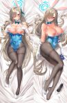  1girl animal_ears asuna_(blue_archive) asuna_(bunny)_(blue_archive) bare_shoulders blue_archive blue_eyes blue_halo blue_leotard blue_ribbon blush breasts breasts_out brown_pantyhose card covered_navel dakimakura_(medium) detached_collar elbow_gloves fake_animal_ears full_body gloves grin hair_over_one_eye hair_ribbon halo high_heels highleg highleg_leotard highres kawai_(purplrpouni) large_breasts leotard light_brown_hair long_hair looking_at_viewer mole mole_on_breast multiple_views nipples pantyhose playboy_bunny playing_card rabbit_ears ribbon smile strapless strapless_leotard teeth thighband_pantyhose very_long_hair white_gloves 