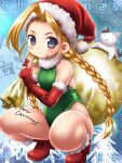  1girl ahoge artist_logo blonde_hair blue_eyes boots braid breasts cammy_white cat christmas commentary_request dated fingerless_gloves full_body fur-trimmed_boots fur-trimmed_gloves fur-trimmed_leotard fur_trim gloves green_leotard highres leotard long_hair looking_at_viewer merry_christmas red_footwear red_gloves sack scar scar_on_cheek scar_on_face small_breasts squatting street_fighter twin_braids yukiyo_kato 