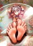  1girl arms_up barefoot blue_eyes blurry blurry_background blush bound bound_legs bound_wrists breasts collared_shirt english_commentary eyelashes eyepatch feet foot_focus foreshortening from_above gradient_hair grey_hair hair_between_eyes hair_ornament hairclip highres legs_up long_sleeves looking_at_viewer lying medium_breasts mixed-language_commentary multicolored_hair neckerchief on_back one_eye_covered open_mouth original paid_reward_available pink_hair pink_shirt restrained shadow shibari shirt soles solo spread_toes toenails toes yellow_neckerchief yeougui 