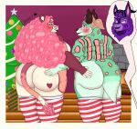 absurd_res anthro bear blush butt butt_grab canid canine cheetah christmas christmas_present christmas_tree clothing dazzlingfoxxo denser_(dazzlingfoxxo) ear_piercing eyebrow_piercing facial_piercing fake_horns felid feline female fireplace fox gift group hair hand_on_butt hi_res holidays hybrid lagomorph legwear leporid lion lips looking_back male mammal maro_(marothedarkrabbit) neck_tuft overweight overweight_female overweight_male pantherine piercing plant polyamorous polyamory ponytail rabbit rin_(kittykisscake) stockings thick_lips thick_thighs tree trio tuft