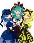  3girls alternate_color alternate_costume arm_up black_ribbon blonde_hair blue_dress blue_eyes blue_hair blunt_bangs bow chamaruk dress elbow_gloves flower frilled_bow frilled_ribbon frills front_ponytail gloves green_eyes green_hair green_nails hair_bow hair_ribbon highres holding holding_flower kagiyama_hina lolita_fashion looking_at_viewer multiple_girls open_mouth puffy_sleeves red_dress ribbon smile touhou white_background white_gloves yellow_dress yellow_eyes 