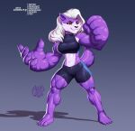 agonwolfe anthro big_hands canid canine canis female fur hair mammal muscular purple_body purple_fur red_eyes white_hair wolf