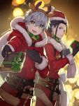  2boys alternate_costume ashe_ubert black_hair book candy candy_cane felix_hugo_fraldarius felix_hugo_fraldarius_(winter) fire_emblem fire_emblem:_three_houses fire_emblem_heroes food fur-trimmed_jacket fur_trim gift giving green_eyes grey_hair hand_on_own_chest hat highres holding holding_book holding_gift holding_sack hood hooded_jacket jacket juria0801 looking_at_viewer male_focus multiple_boys official_alternate_costume open_mouth sack santa_costume santa_hat smile sparkle twitter_username 