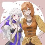  2girls breasts cleavage clothes_around_waist dress fire_emblem fire_emblem:_three_houses hand_on_another&#039;s_shoulder highres leonie_pinelli long_hair long_sleeves lysithea_von_ordelia medium_breasts multiple_girls open_mouth orange_eyes orange_hair pink_eyes sakuramotikun simple_background smile veil white_hair 