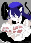  1girl ado_(utaite) animal_ears animal_hands atashi_wa_mondaisaku blue_hair cat_tail cloud_nine_inc fake_animal_ears gloves grey_background hair_between_eyes highres kiza_minegi long_hair looking_at_viewer maid nervous_sweating parted_lips paw_gloves puffy_short_sleeves puffy_sleeves short_sleeves simple_background solo sweat tail tanaka_keiko_(ado) translation_request twitter_username 