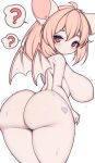  1girl ? absurdres ahoge animal_ears ass back bat_ears bat_girl bat_wings breasts completely_nude furry heart highres large_breasts looking_at_viewer looking_back medium_hair nipples nude original pink_hair pink_wings red_eyes simple_background solo spoken_question_mark sweat type_moll white_background wings 