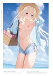  1girl armpits basket blonde_hair blue_sky breasts cloud cloudy_sky collarbone highres holding looking_at_viewer mignon navel ocean original short_shorts shorts simple_background sky small_breasts solo stomach water 