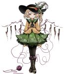  1girl :3 absurdres ascot black_ascot black_headwear black_pantyhose blonde_hair blood blood_on_knife boots brown_footwear closed_mouth commentary cosplay flandre_scarlet flat_chest flower frilled_shirt_collar frills full_body green_ribbon green_skirt hat hat_feather hat_flower hat_ribbon highres knife komeiji_koishi komeiji_koishi_(cosplay) long_sleeves looking_at_viewer one_side_up ougiikun pantyhose red_eyes red_flower ribbon shirt simple_background skirt solo third_eye touhou white_background wings yellow_shirt 